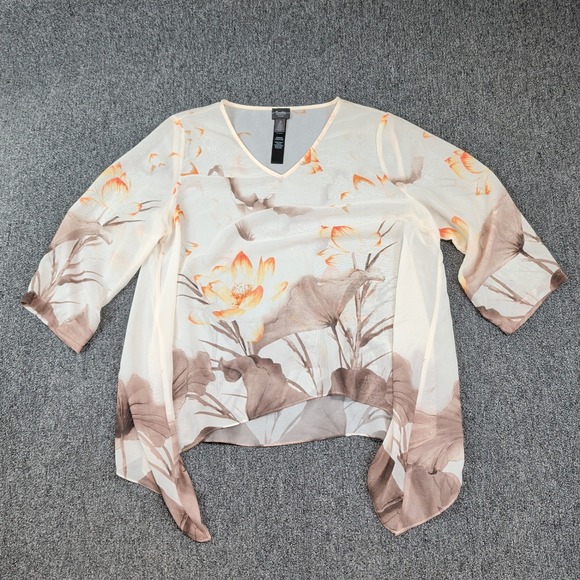 Chicos Travelers Collection Lotus Floral Sheer Handkerchief Hem Tunic Top Size 2 — photo 2